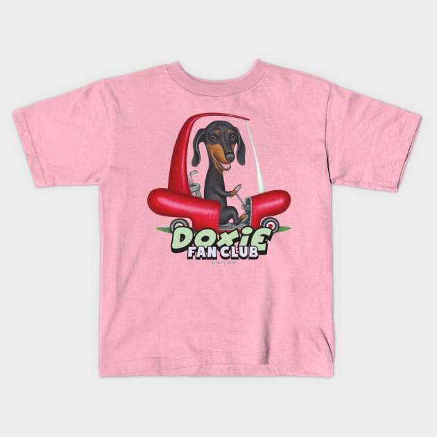 Cute Doxie Dog driving hotdog golf cart on Black Dachshund Driving Golf Cart Kids T-Shirt by Danny Gordon Art